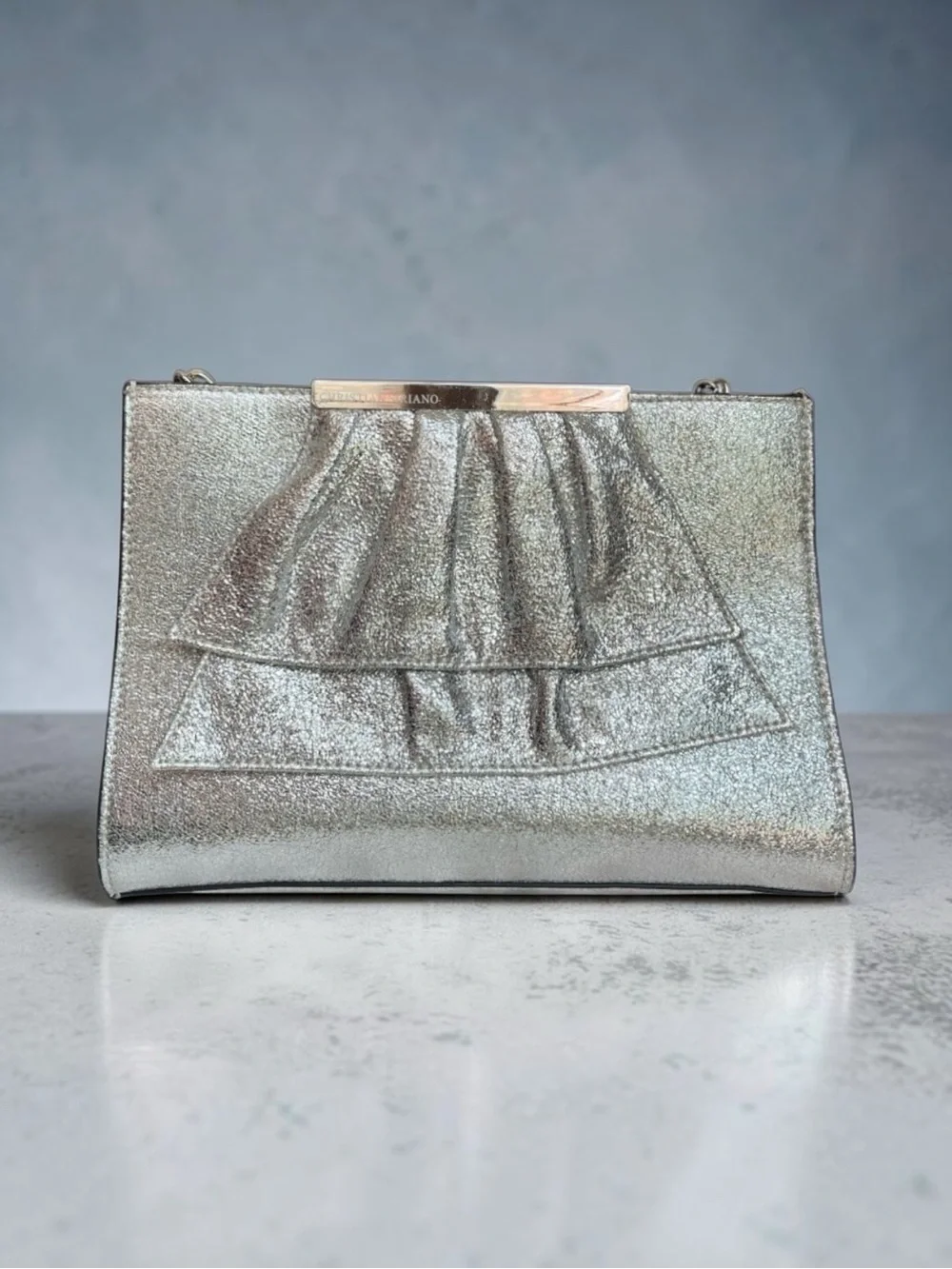 Rare Christian Siriano Metallic Silver Ruffle Clutch